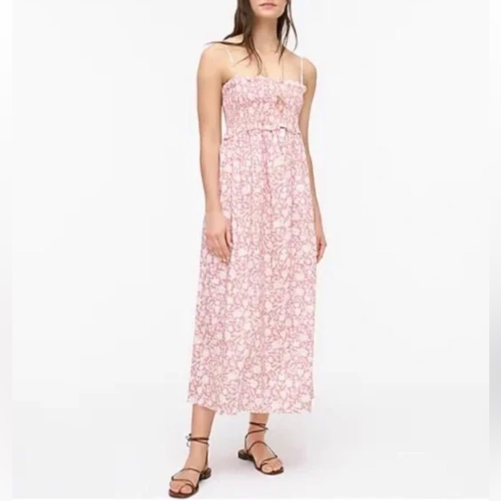 NWOT J. Crew Smocked Cotton Poplin Dress Rose Vines Pink Casual Women’s Medium